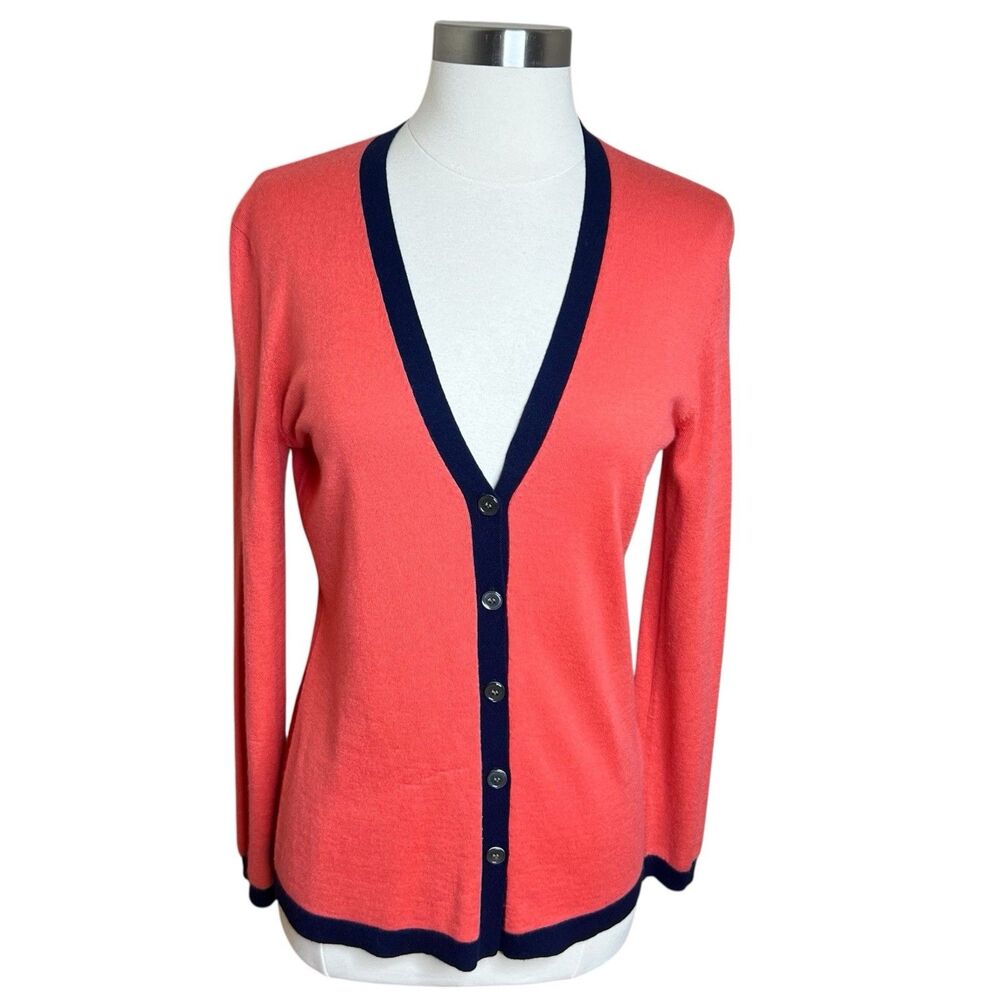 Saks Fifth Avenue Cardigan Red Orange Navy Silk Cashmere Button Down Medium